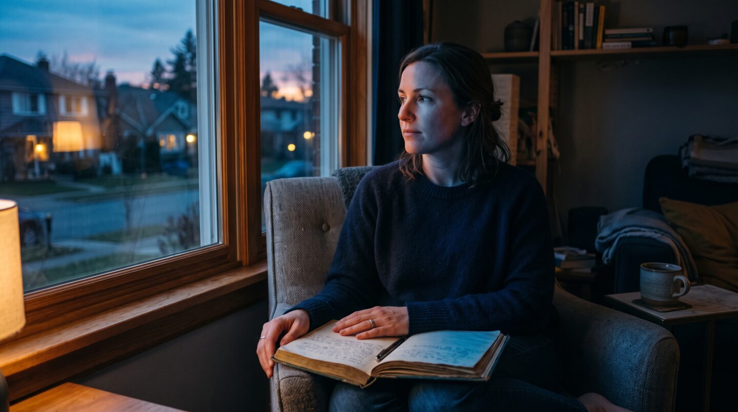 A pensive woman sitting by a window at dusk with an open journal on her lap, illustrating the subtle daily realities of bipolar disorder.
