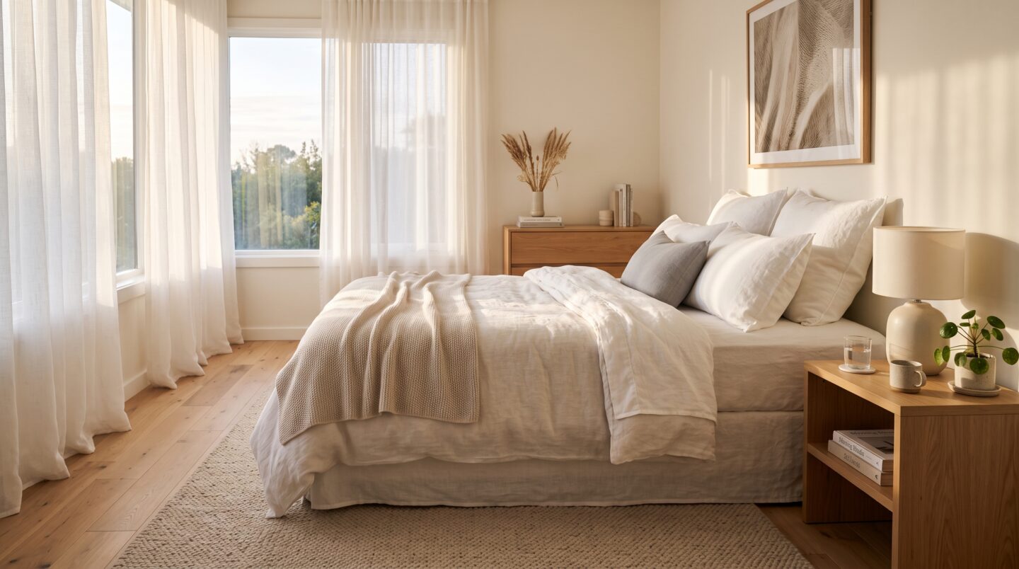 The sleep mood connection photograph showing a calm sunlit bedroom representing sleep recovery.